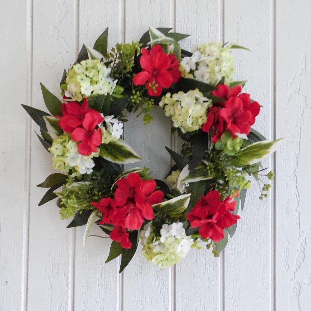 Small Red Geranium Wreath, Spring Summer, Housewarming Gift, Cabinet Wreath